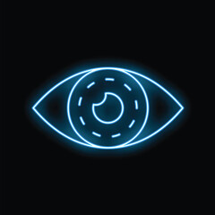 Blue neon sign illustrating stylized human eye with glowing iris and pupil on black background