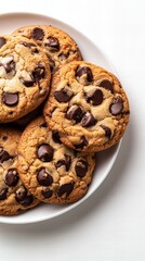 Close-up of freshly baked chocolate chip cookies on a white plate.