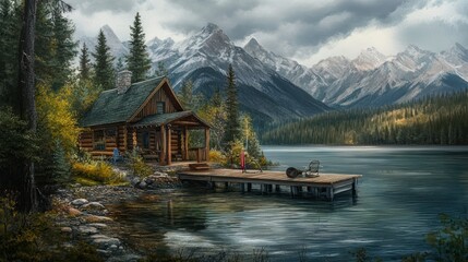 Obraz premium A wooden cabin sits on the edge of a lake with a mountain range in the background, under a cloudy sky. A figure stands on a wooden dock.