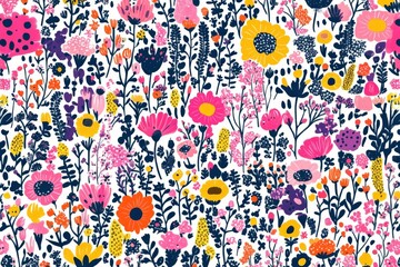 Vibrant floral pattern with pink yellow and blue flowers on a dark background creating a playful and bold design ideal for spring invitations or textile designs