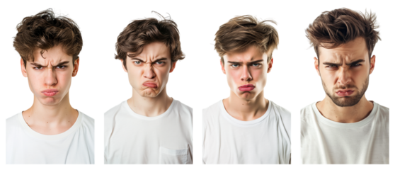 Portrait of young beautiful white  man with disgusted expression, isolated on transparent background, generative ai.