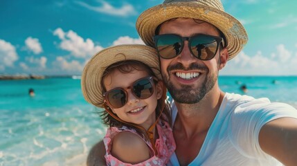Obraz premium A man and a little girl are happily taking a fun selfie on the beach
