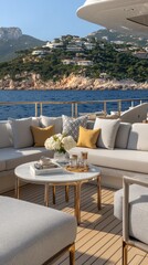 A serene yacht deck featuring glass walls offers breathtaking views of the sea in bright daylight, embodying a minimalist design