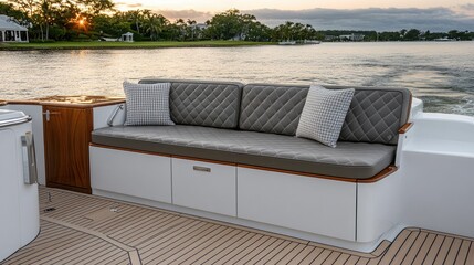 Enjoy a tranquil sunset ambiance aboard a sleek motorboat with waves splashing beneath a cozy leather sofa