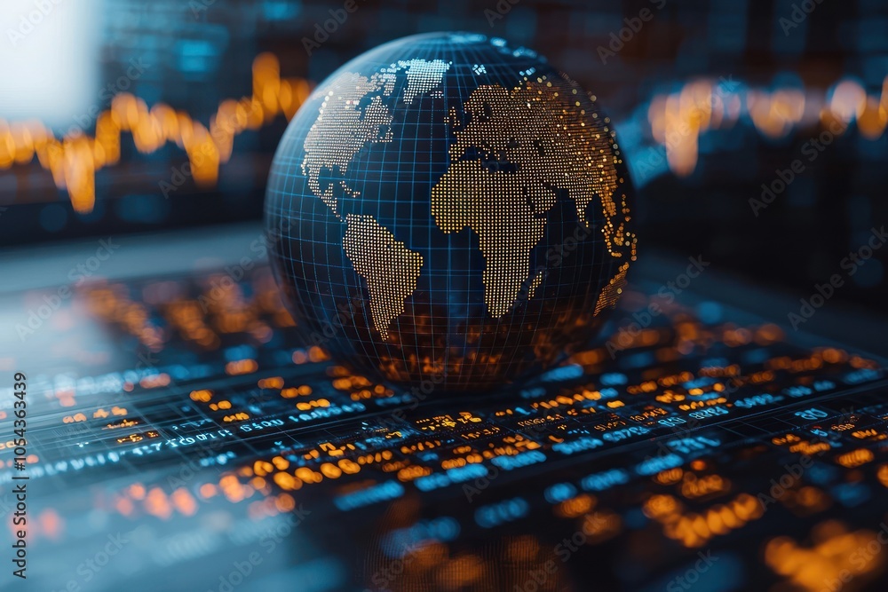 Aufkleber illuminated globe resting on a grid of financial data
