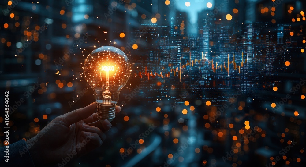 Aufkleber Illuminated Lightbulb Held by Hand with City Lights and Data Visualization in Background