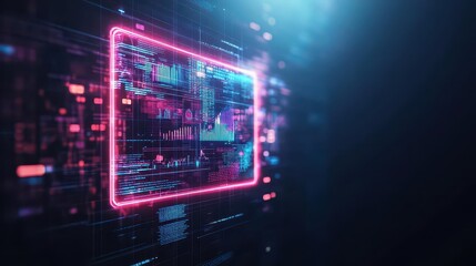 Bankruptcy support, neon holographic screen, dark background, virtual financial advisor