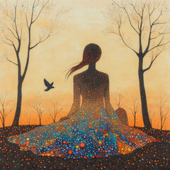 Abstract painting background with a woman in a colorful dress sitting next to a tree and a small bird