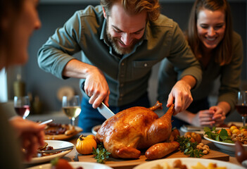 man happily carves thanksgiving turkey lively dinner gathering close friends