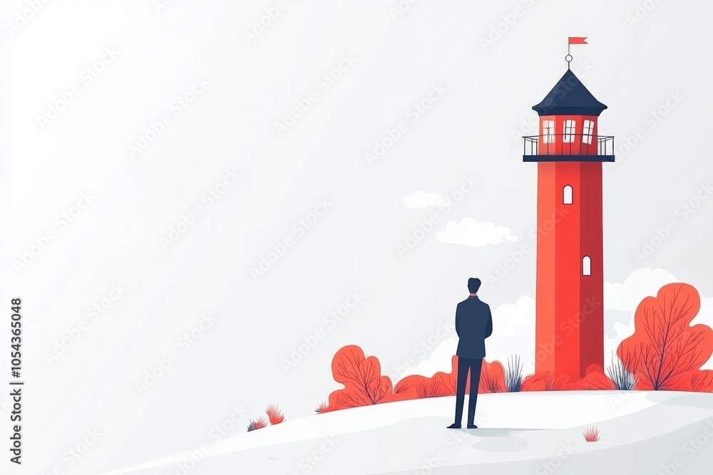 Poster man standing alone near a red lighthouse against a minimalist background symbolizing solitude reflec