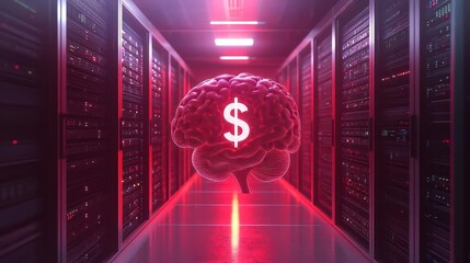 Surreal composition with a human brain placed within a high-tech server room, subtly backlit by a glowing dollar sign, illustrating the economic impact of AI and human intelligence integration