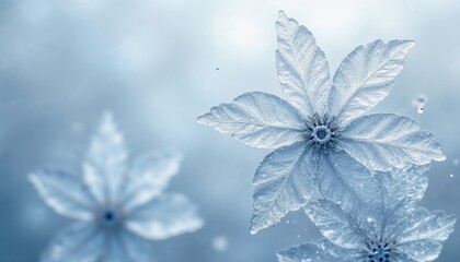 3D background with flower leaves and ice crystals in light blue color with white flowers and snowflakes, elegant winter beauty for digital art or wallpaper.