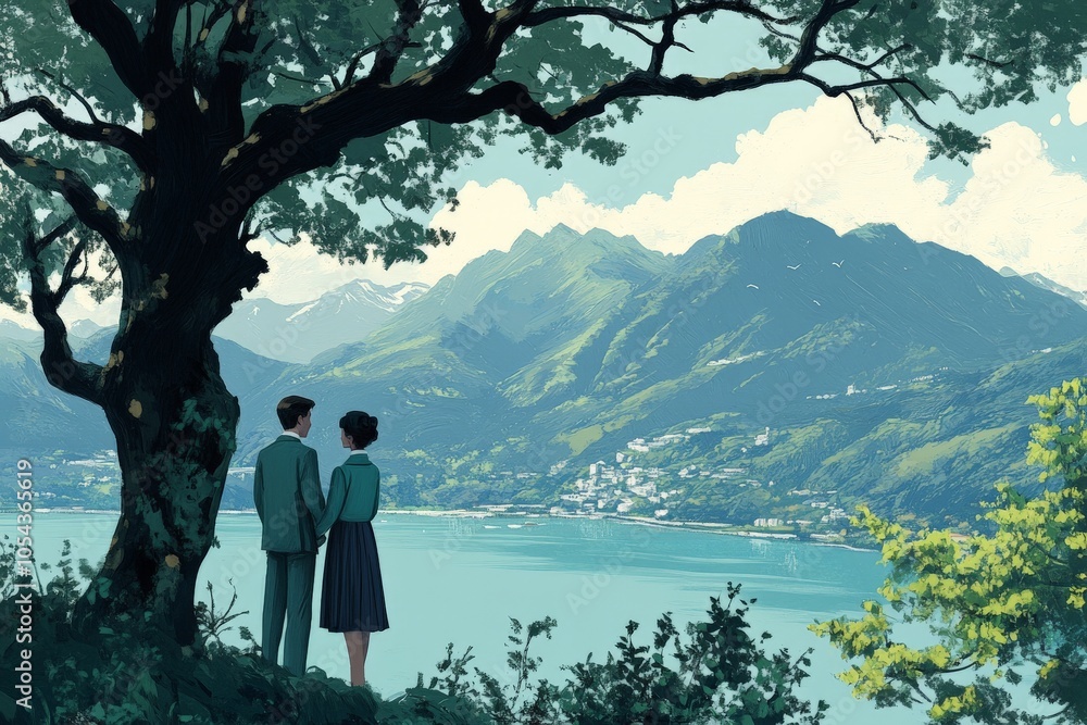 Poster couple gazing into the distance under a giant tree with lush greenery around capturing a peaceful an