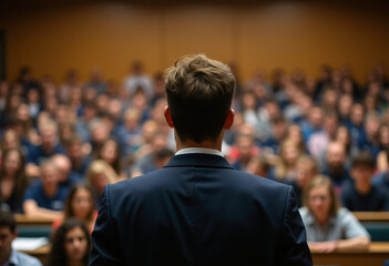university professor stands group students crowded lecture hall