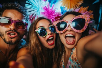 A vibrant party scene featuring three friends posing for a selfie. They are wearing oversized, colorful sunglasses and have playful expressions. 