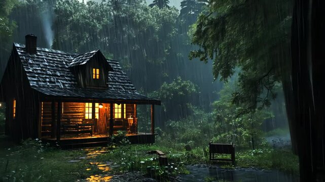 A cozy cabin with glowing windows sits in a lush forest during a heavy rainstorm