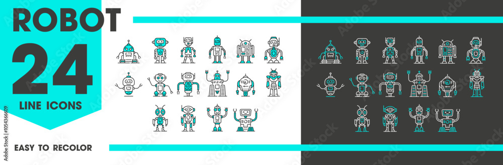Poster Mechanical robot and droids line icons, cyborg and robotic android bots, cartoon vector. Retro robot characters with mechanical arms and face display, cyber machines or space alien droids on wheels
