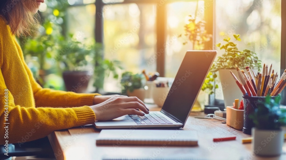 Poster a person works intently at a laptop on a wooden desk surrounded by lush plants in a sunlit room. the