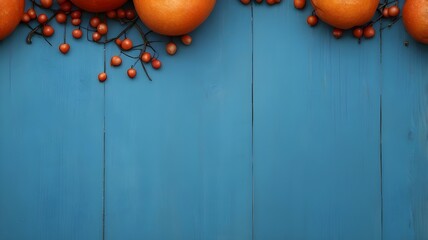 Bright autumn backdrop with pumpkins and maple leaves on a vibrant blue wooden surface, fall-themed designs, evoking warmth and seasonal charm with contrasting colors