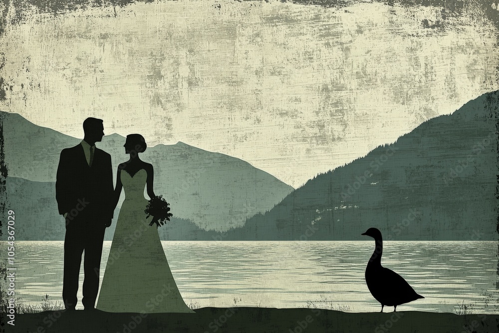 Poster silhouetted bride and groom by a lake with mountains and swan creating a serene and timeless wedding