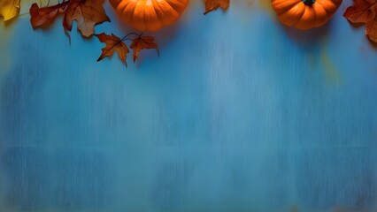 Bright autumn backdrop with pumpkins and maple leaves on a vibrant blue wooden surface, fall-themed designs, evoking warmth and seasonal charm with contrasting colors