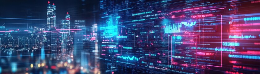 Obraz premium Digital retirement savings, floating holograms, futuristic financial interface, urban skyline backdrop