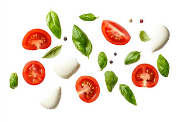 Naklejka premium Mini mozzarella, fresh tomatoes and basil leaves, on a minimal background, showcasing culinary ingredients concept