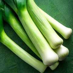 Fototapeta premium Leek Vegetables, Creative background design with food theme, focus on the pile of fresh Leek