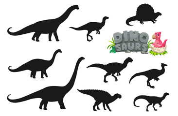 Prehistoric dinosaur silhouettes vector set. Black dino species shadow shapes and baby dinosaur hatching from an egg nearby hr stone plate with dinosaurs typography. Jurassic reptile animals icons