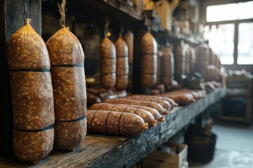 Rustic Artisanal Sausage Display in Traditional Curing Room with Wooden Shelves