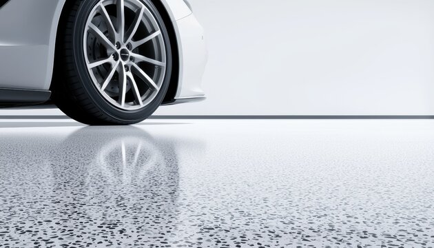 Polished epoxy floor in a bright garage space, highlighting the sleek, seamless design and high-end finish