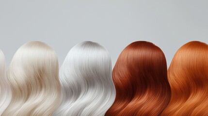 Fototapeta premium Row of wavy hair in shades from platinum blonde to fiery red, representing the spectrum of modern hair color trends