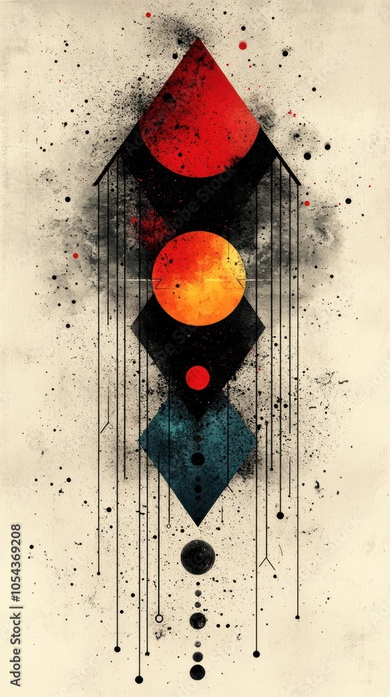 Poster abstract geometric composition with splashes of color and black circles on a beige background