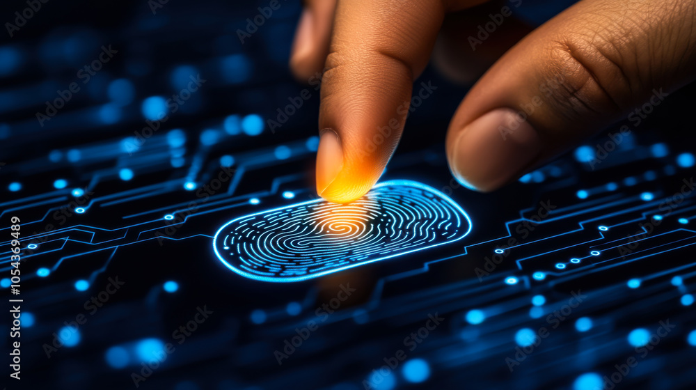 Poster a person touching a glowing fingerprint sensor on a circuit board at night in a high-tech environmen