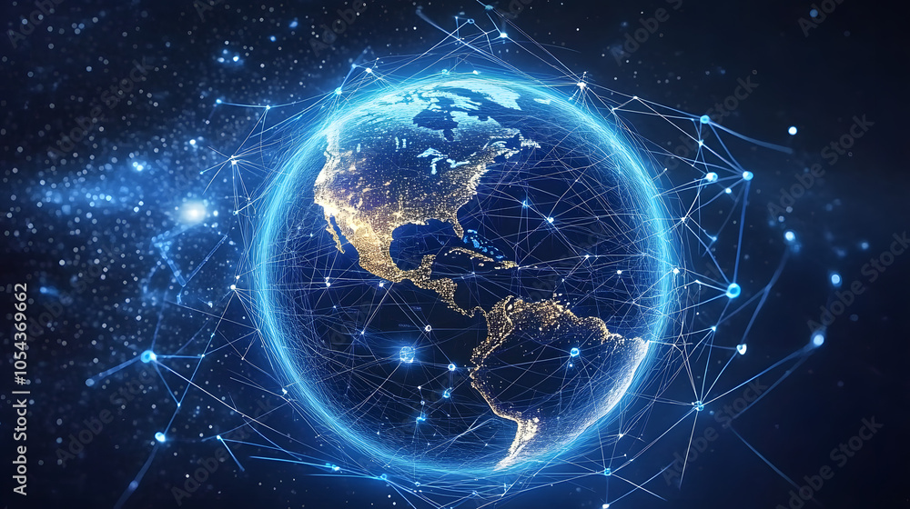 Poster earth globe surrounded by a digital network of lines and nodes