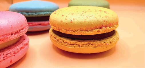 Delicious macaroon cakes isolated. Bright macarons vector background. Sweet background. Multi-colored round cookies and cakes. Bright background.