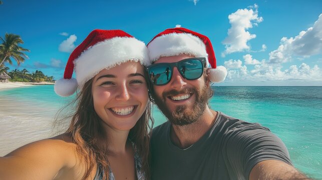 Young smiling woman and man with Santa hats takes a selfie on a tropical beach.