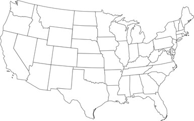 USA Map. Poster map of United States of America. Black and white print of USA with states, poster or geographic, political theme. Black and white print map of USA states. Vector Illustration