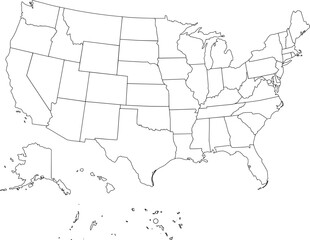 USA Map. Poster map of United States of America. Black and white print of USA with states, poster or geographic, political theme. Black and white print map of USA states. Vector Illustration