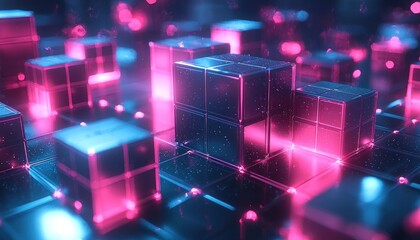 Abstract Neon Cityscape with Glowing Cubes and Reflective Surfaces