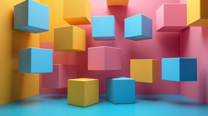 Colorful Cubes in a Geometric Arrangement Against a Tri-Colored Background