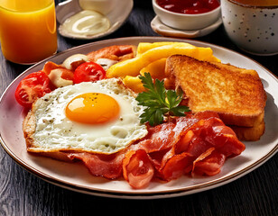 Delicious British/American style breakfast - Brunch - Lunch - Eggs, veggies, toast, cheese