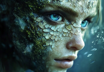 Naklejka premium Fantasy sea creature with scale skin and water eyes