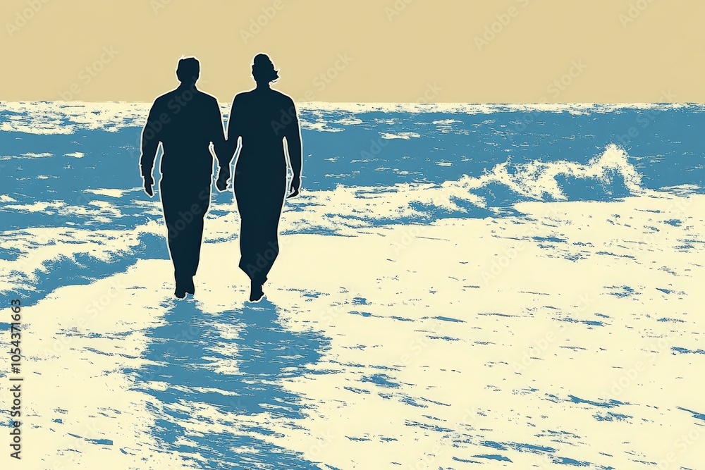 Poster silhouetted couple walking along the shore with calm waves in a retro grainy texture effect conveyin