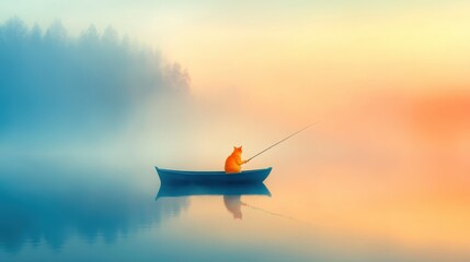 A cat fishing peacefully on a serene lake at dawn amidst soft mist and colorful reflections in the water