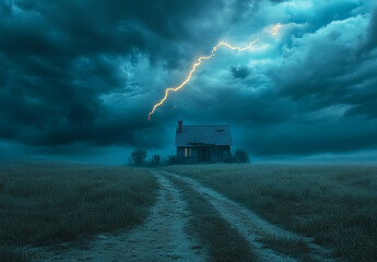 Isolated rural house in the countryside under a lightning storm