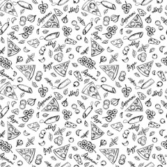 Hand illustrated seamless pattern with pepperoni pizza slices, tomatoes, salami, basil and garlic.Handwritten words "pepperoni pizza".Fast street food background.