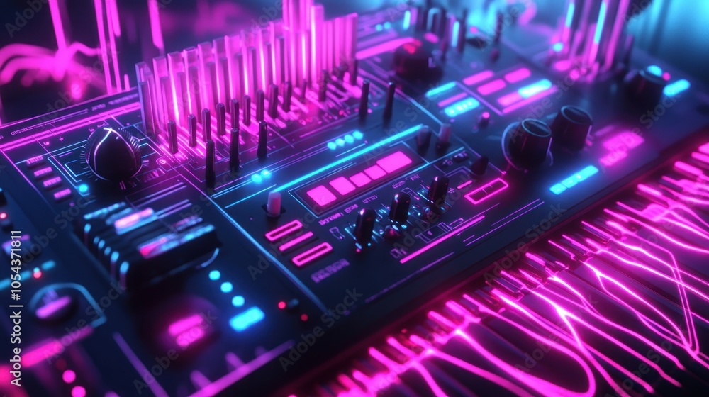 Poster a futuristic synthesizer with neon lights and a keyboard in the foreground.