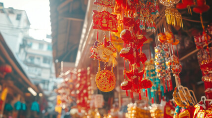 Fototapeta premium Lunar New Year Market Scene with Traditional Decorations