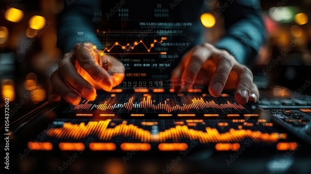 Aufkleber Hands Interacting with a Data-Driven Interface with a Rising Trendline and Data Visualizations